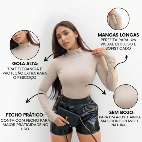 Imagem do Body Suplex Segunda Pele, modelagem cacharrel, com manga longa e gola alta características.