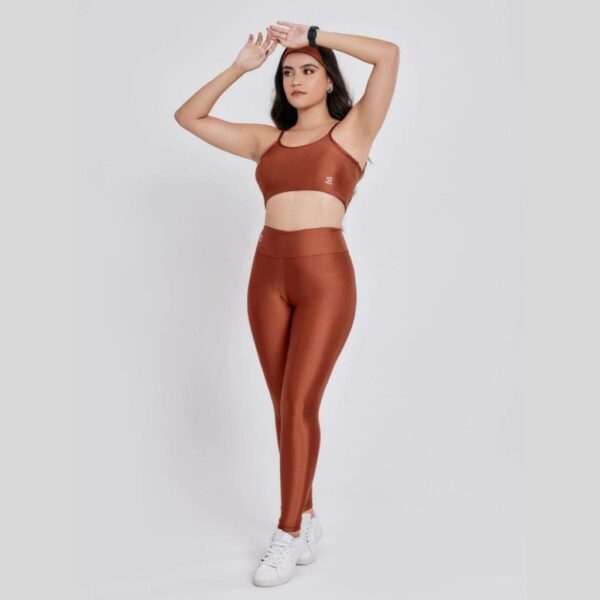 Conjunto Brilhoso Calça + Top Com Bojo Academia Fitness Marrom