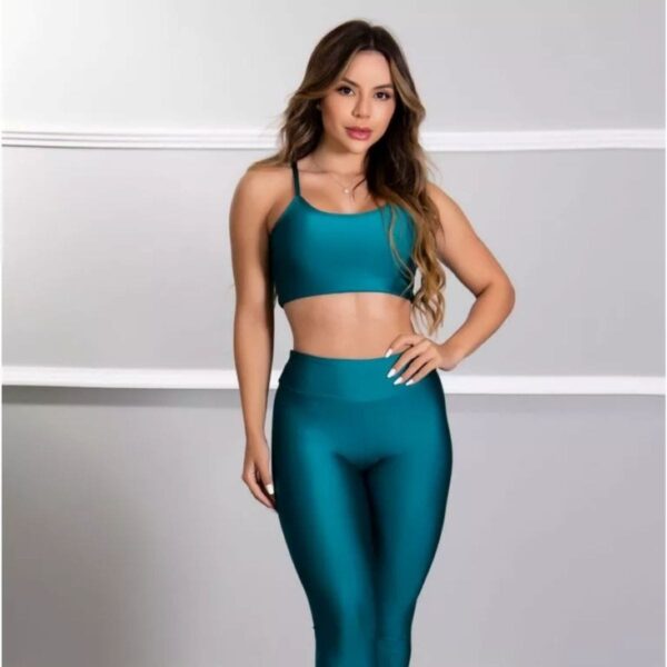 Conjunto Brilhoso Calça + Top Com Bojo Academia Fitness Verde Esmeralda