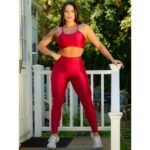 Conjunto Brilhoso Calça + Top Com Bojo Academia Fitness Vermelho