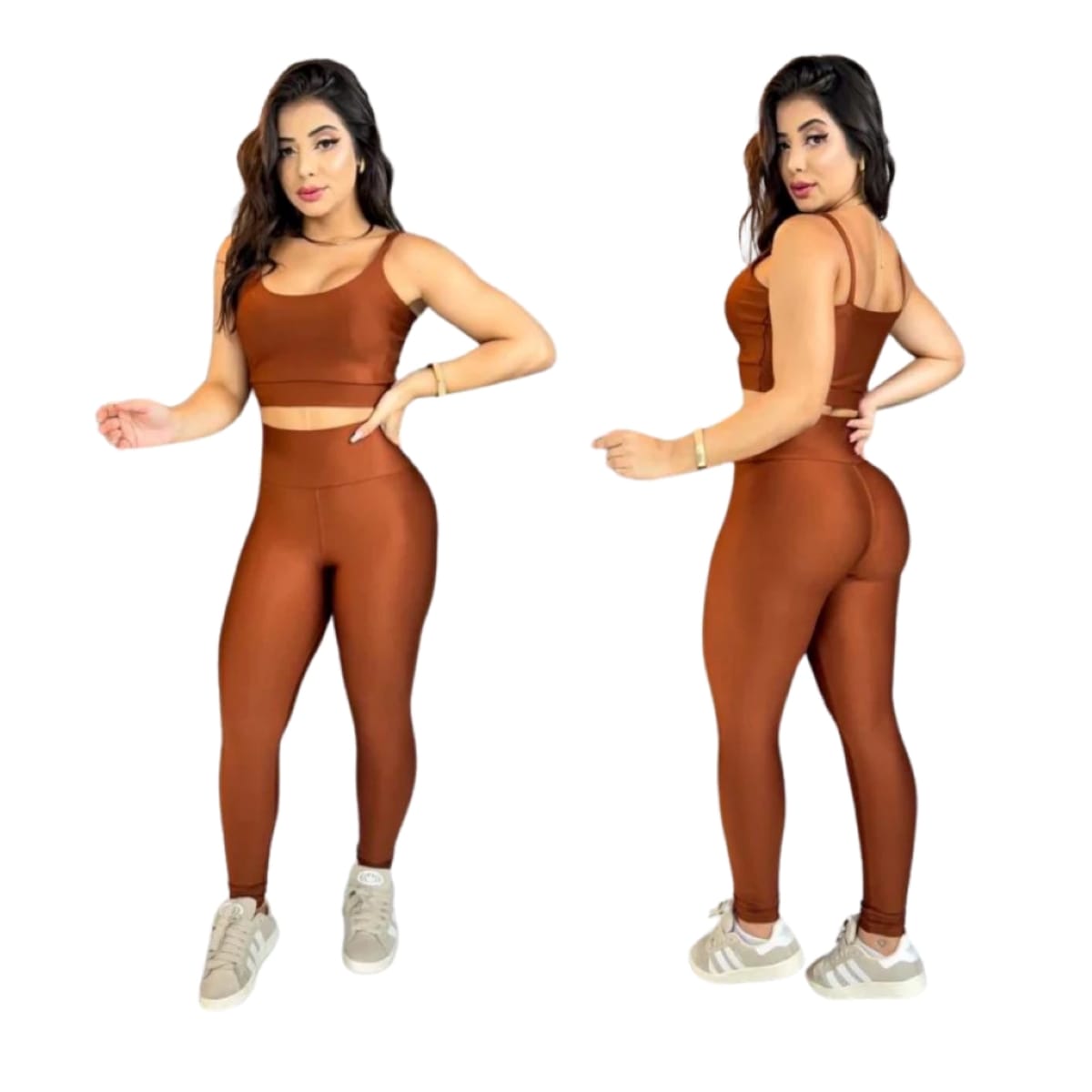 Conjunto Top com Calça Bojo Removível Feminino Cintura Alta Marrom