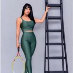 Conjunto Top com Calça Bojo Removível Feminino Cintura Alta Verde Militar