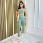 Conjunto Top com Calça Bojo Removível Feminino Cintura Alta Verde Sálvia